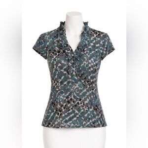 Classiques Entier Size M Silk Blend Ruffle V-Neck Top Teal Gray Abstract